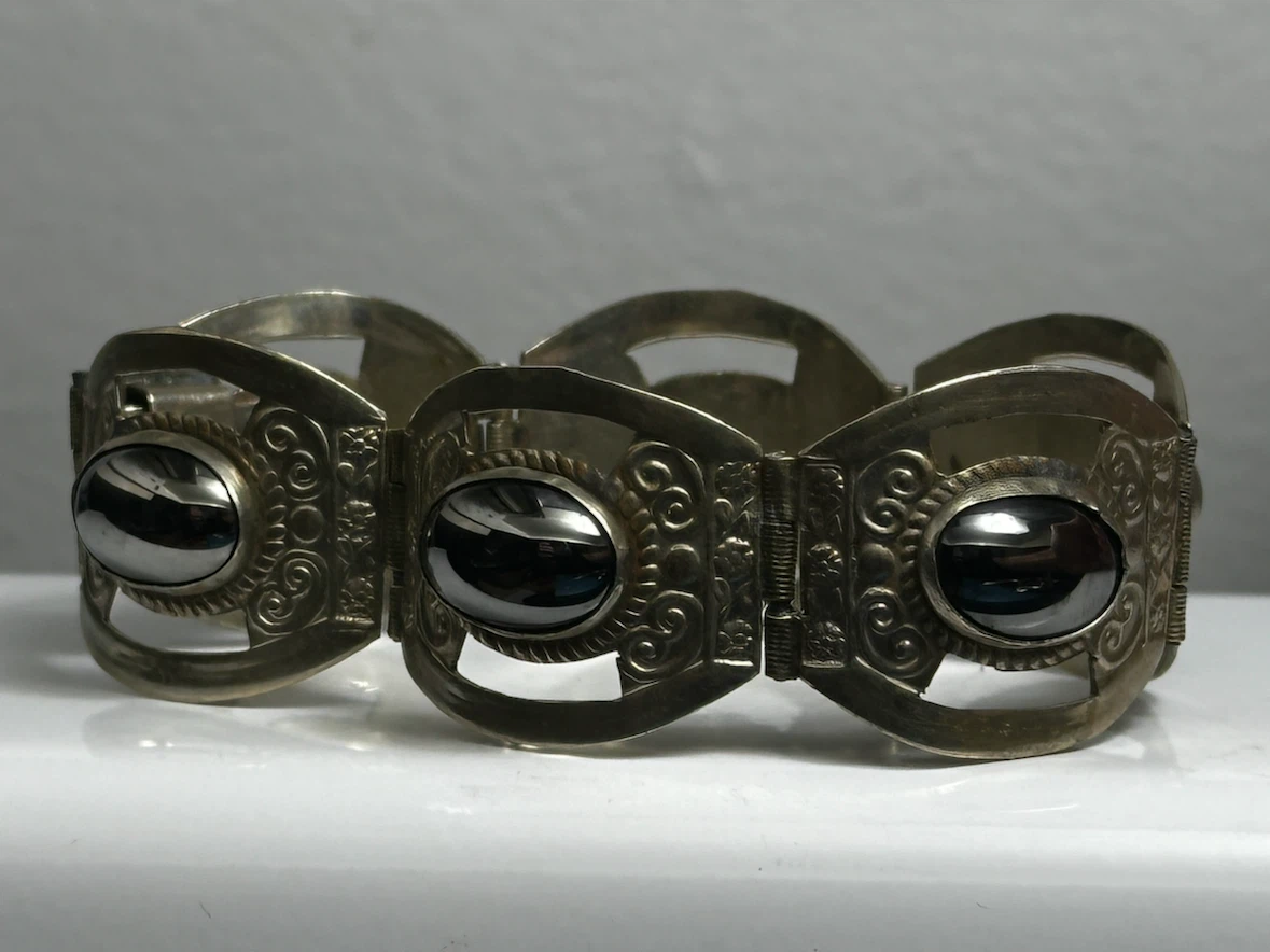 1950s Signed Mexican Silver Obsidian Link Bracelet - photo 2