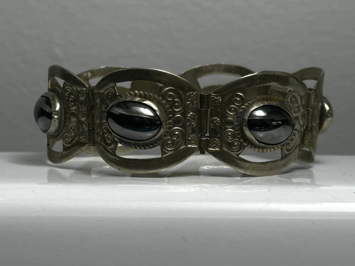 1950s Signed Mexican Silver Obsidian Link Bracelet - photo 3