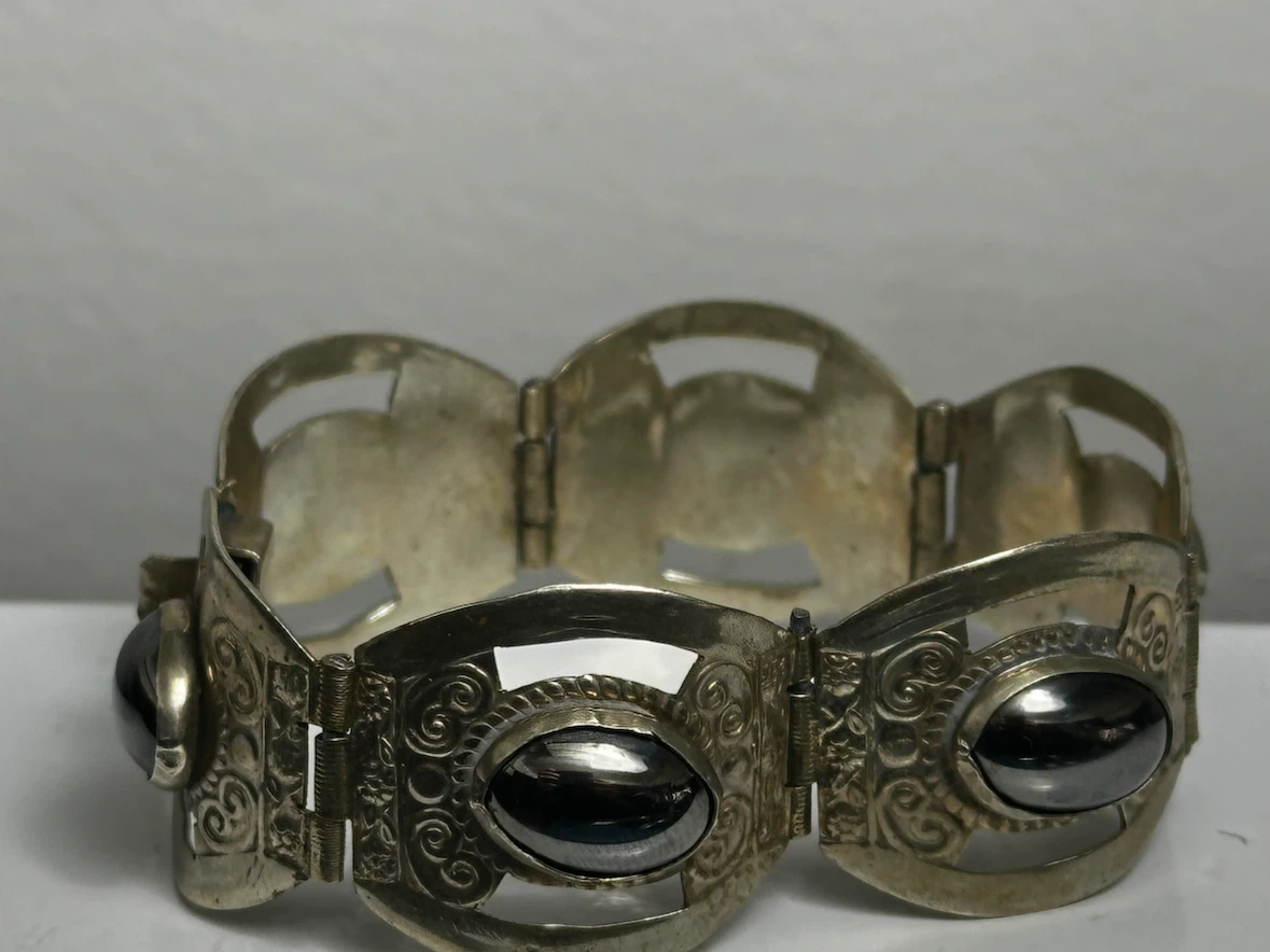 1950s Signed Mexican Silver Obsidian Link Bracelet - photo 4
