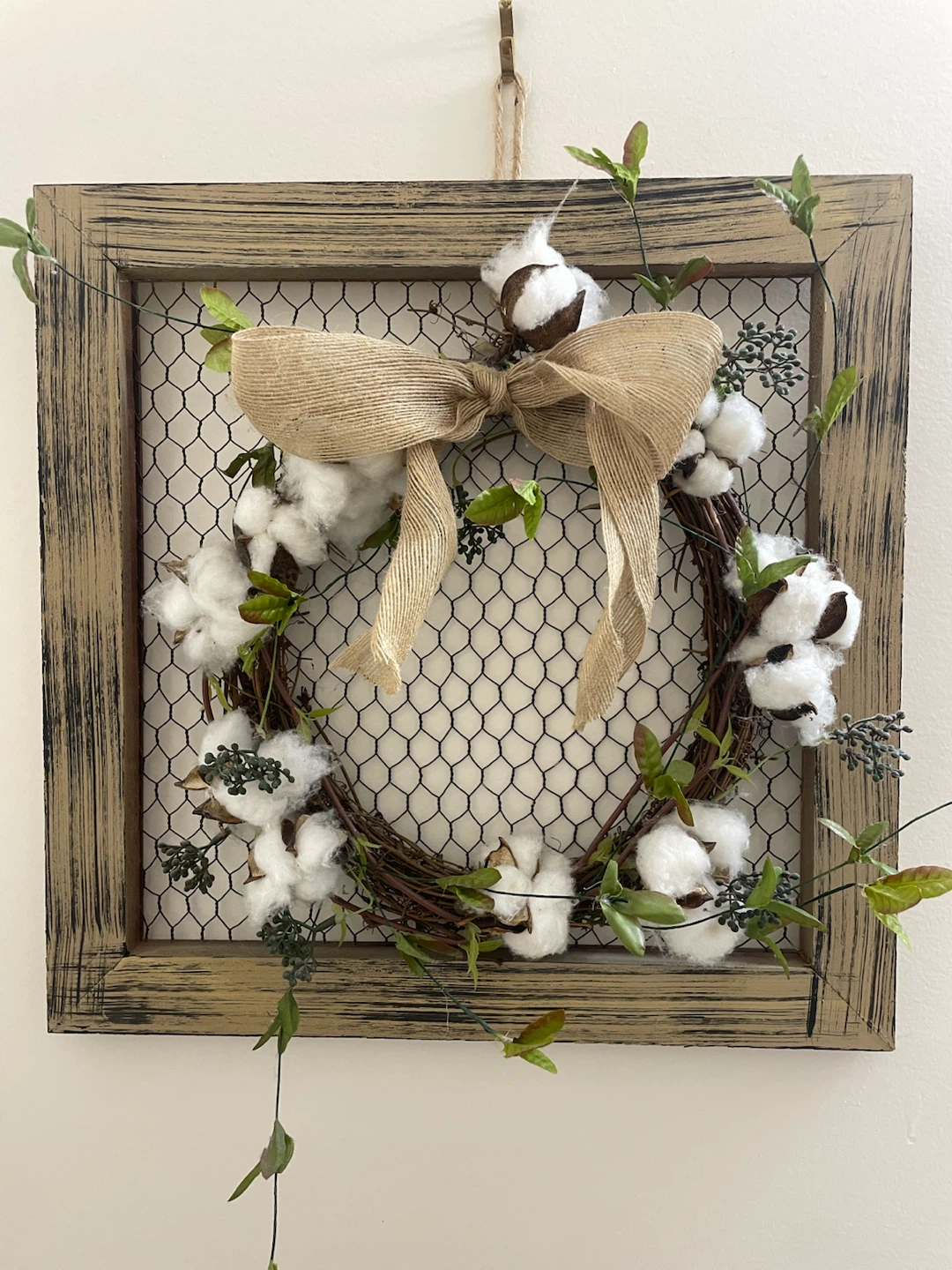 PIER 1 Imports Cotton Wreath with Burlap Bow Wood Frame