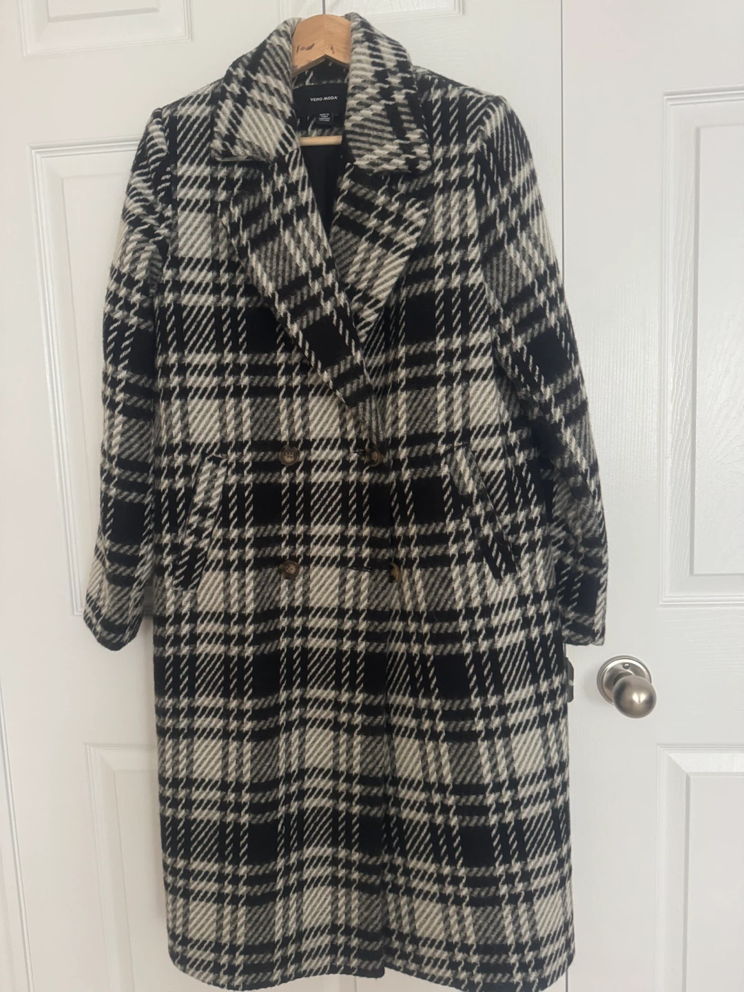 Vero Moda Plaid Double-Breasted Wool Blend Coat