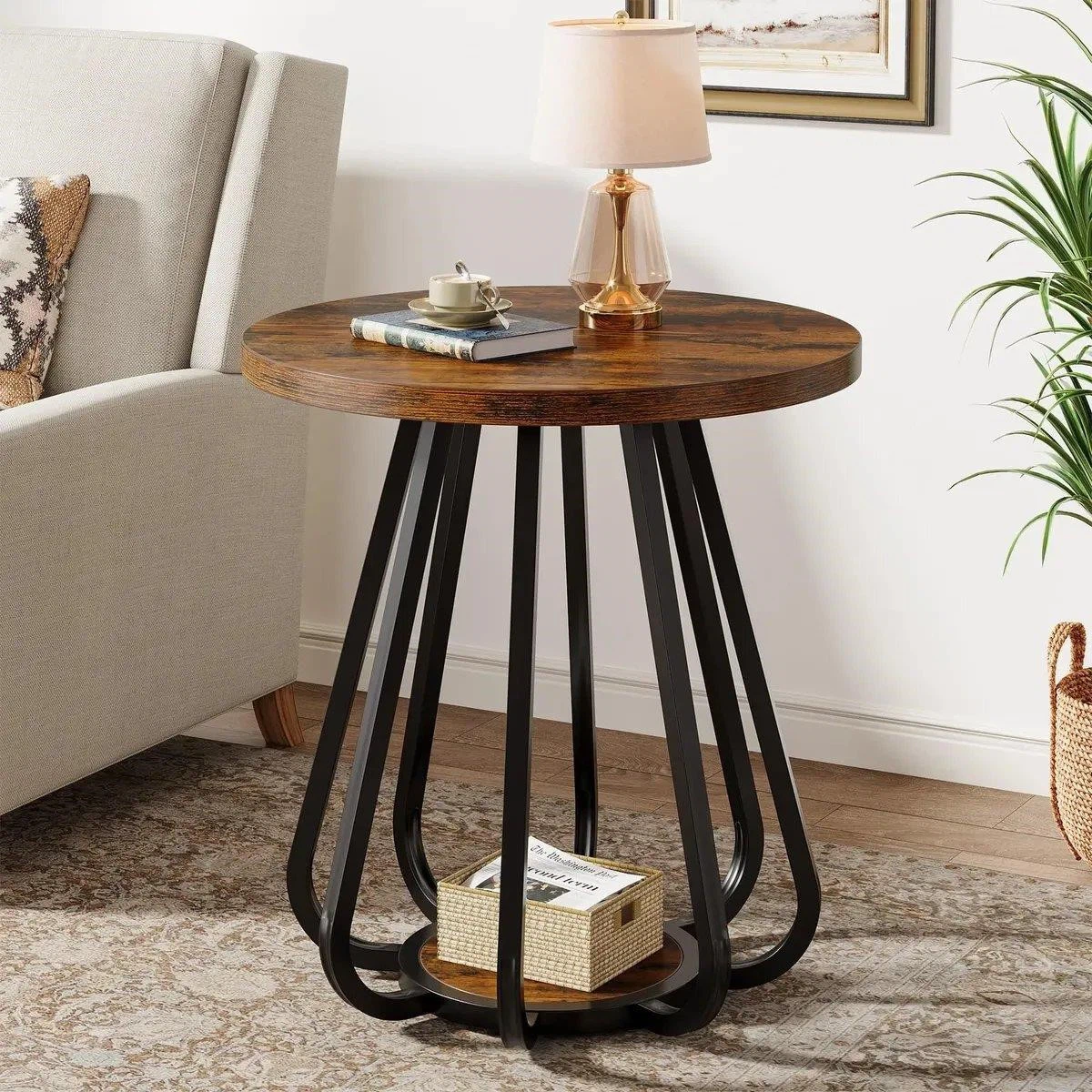 Round Side Table with Metal Frame