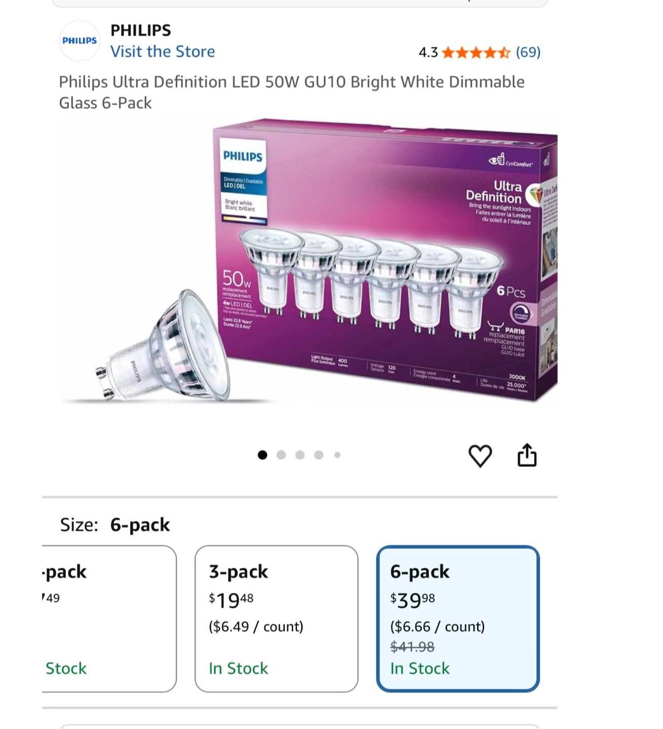 Philips Ultra Definition Dimmable LED PAR20 6-Pack
