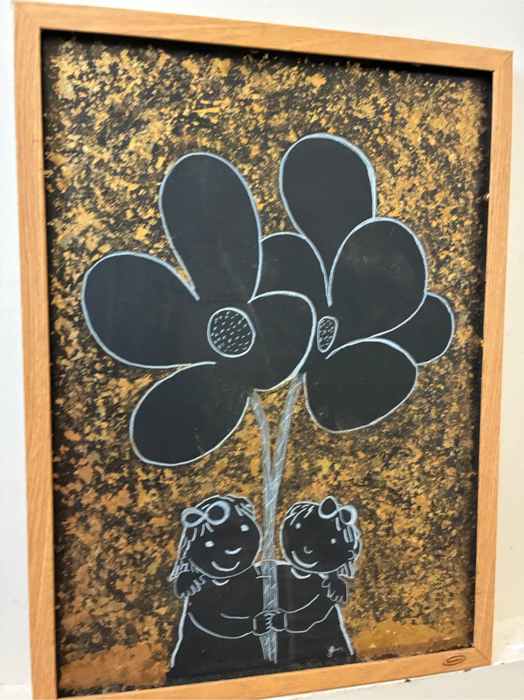 Framed Chalk Art Print - Two Girls Holding Flowers