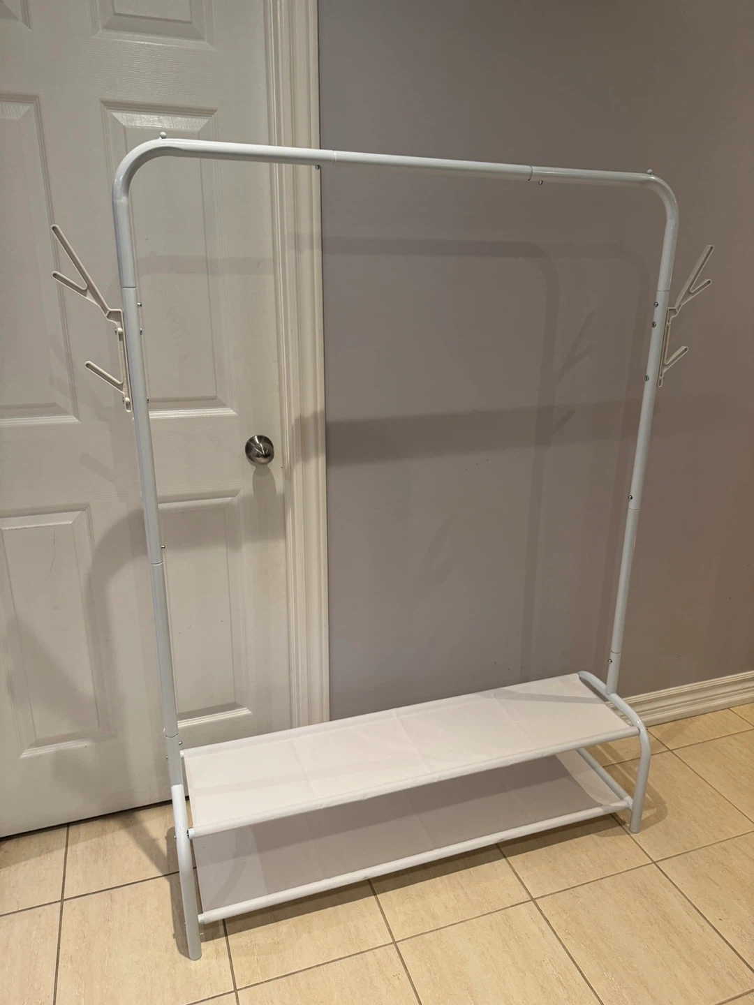 White Garment Rack with Double Shelves and Coat Hooks