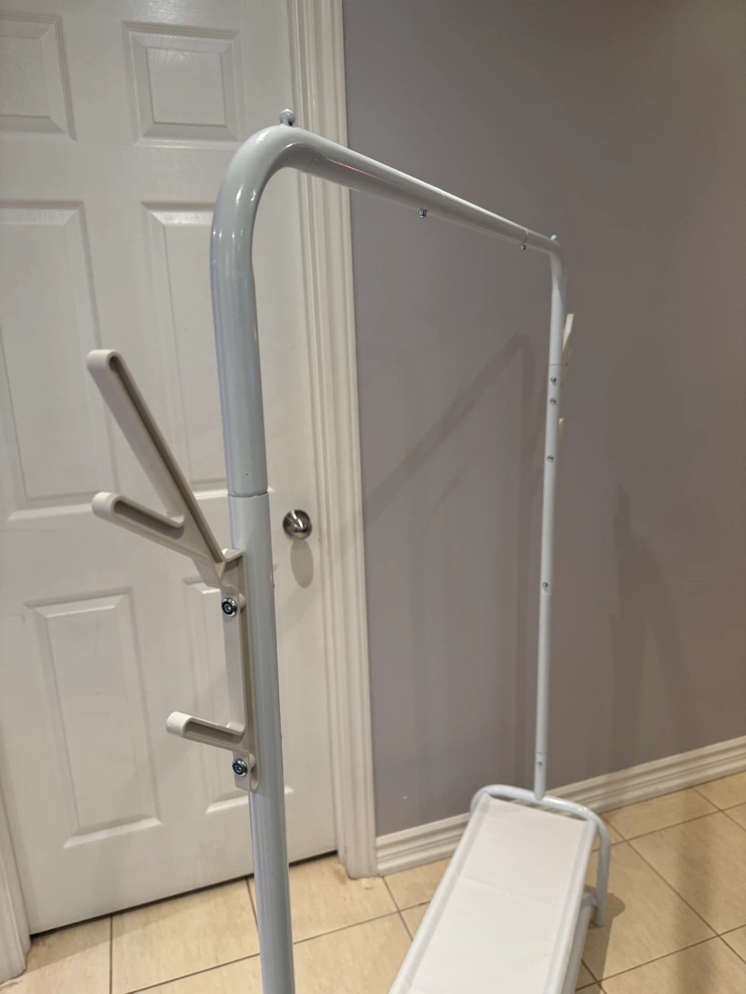 White Garment Rack with Double Shelves and Coat Hooks - photo 3