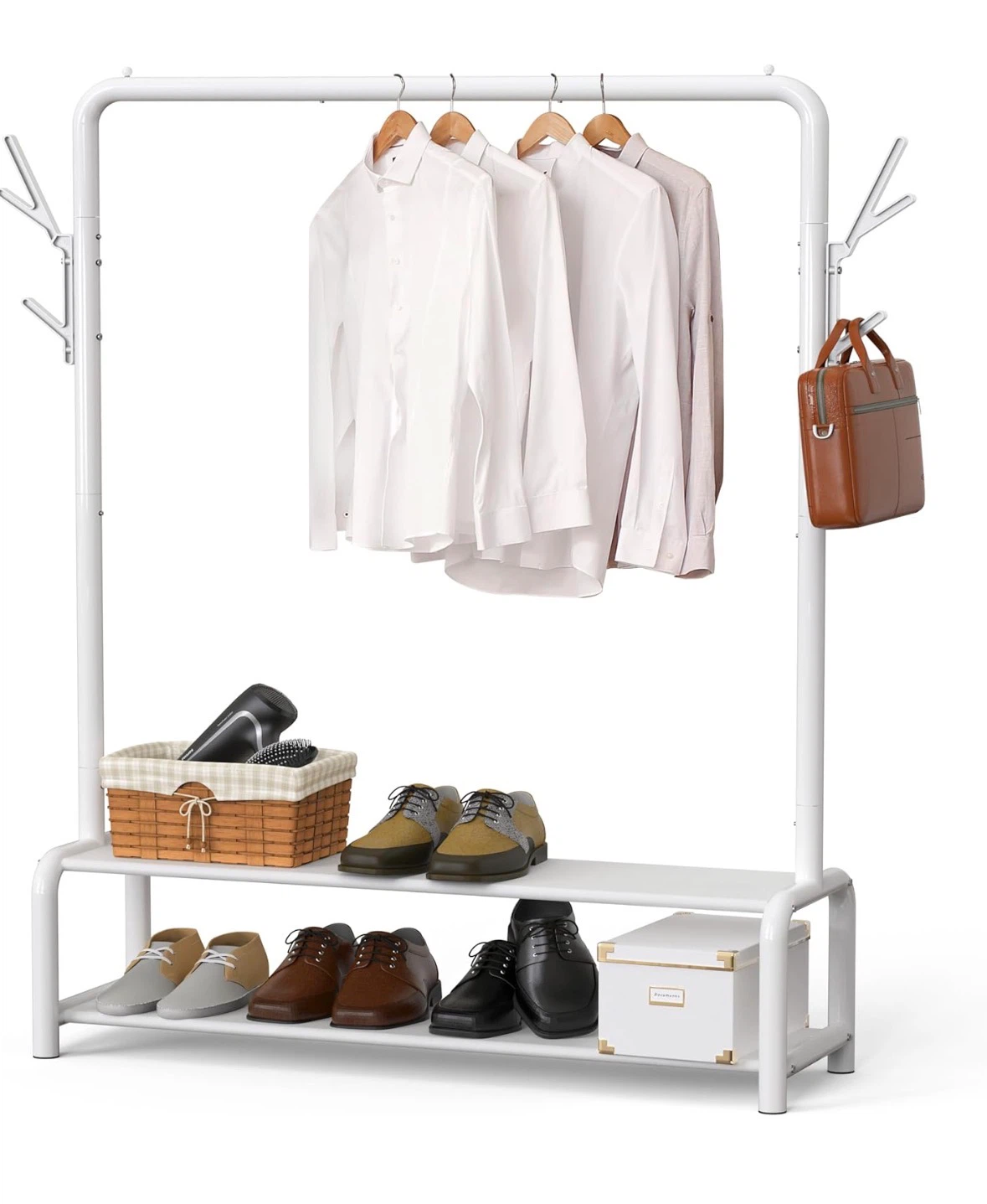 White Garment Rack with Double Shelves and Coat Hooks - photo 4