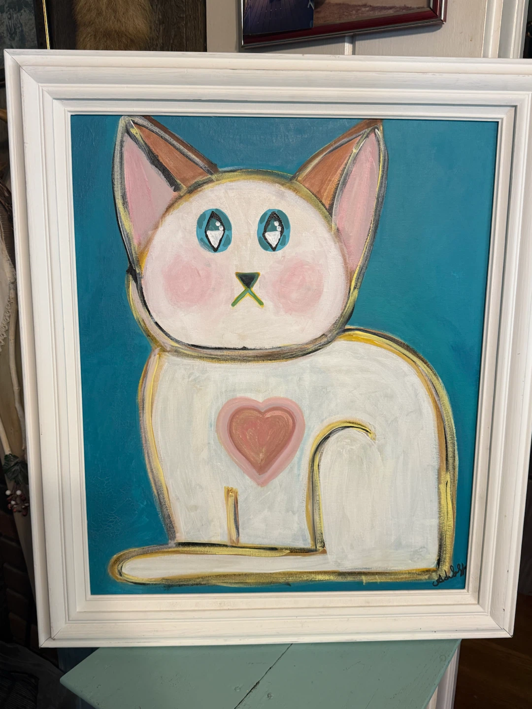 Original artwork heart cat painting