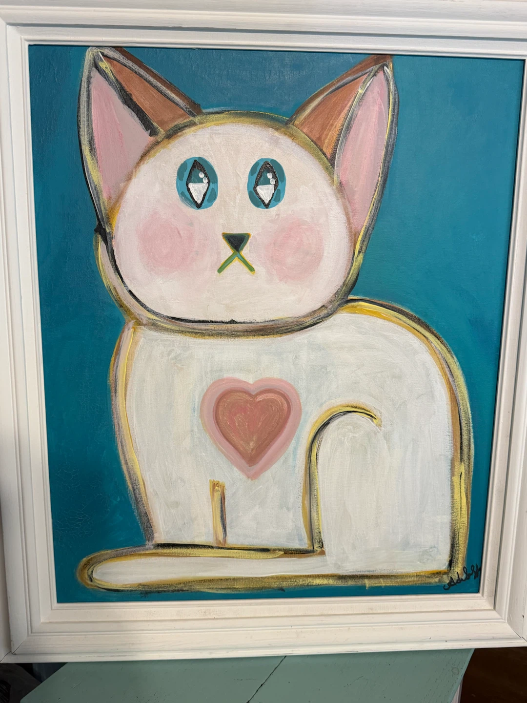 Original artwork heart cat painting - photo 2