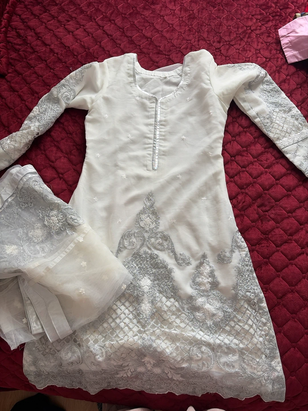 White and Silver Embroidered Pakistani Salwar Kameez Suit