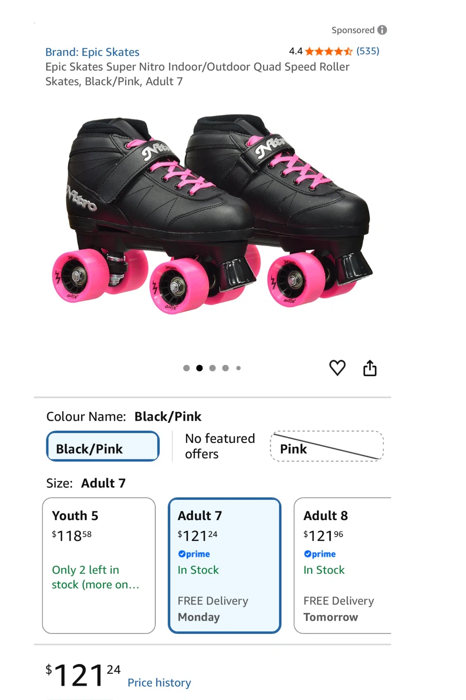 Epic Skates Super Nitro Quad Roller Skates - Black/Pink, 7 - photo 4