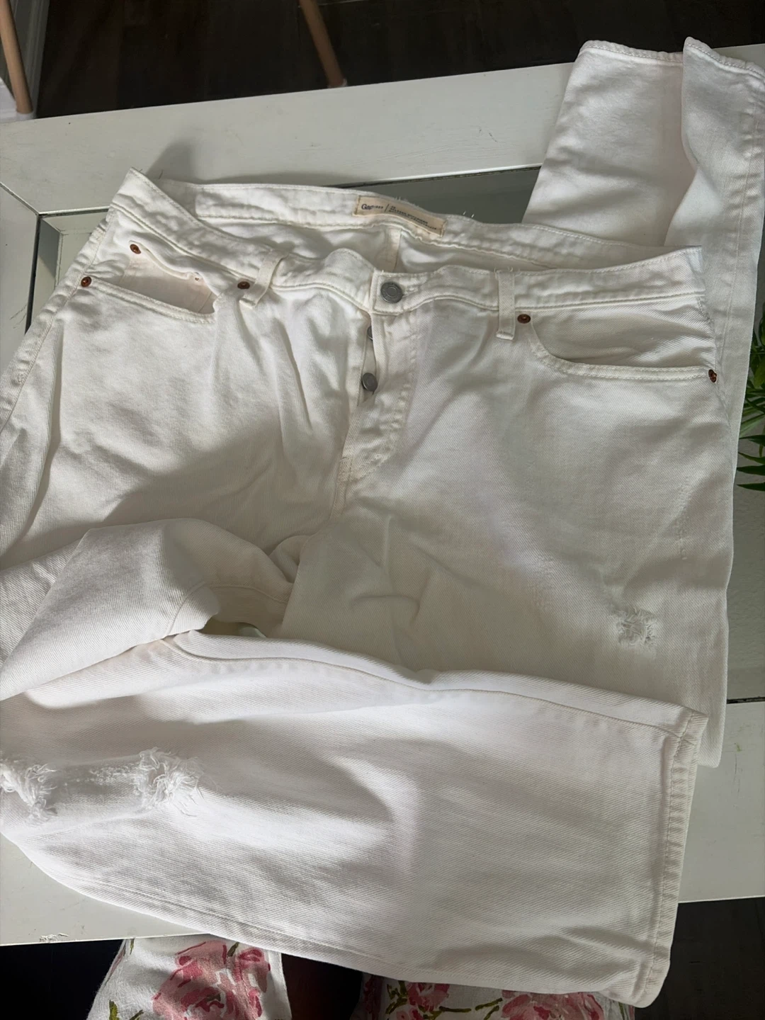 Gap white button-fly distressed jeans