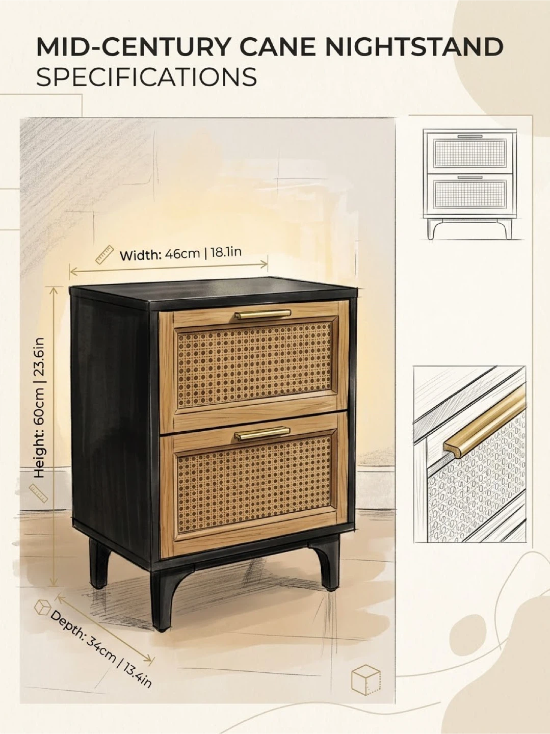 Mid-Century Cane Nightstand - photo 2