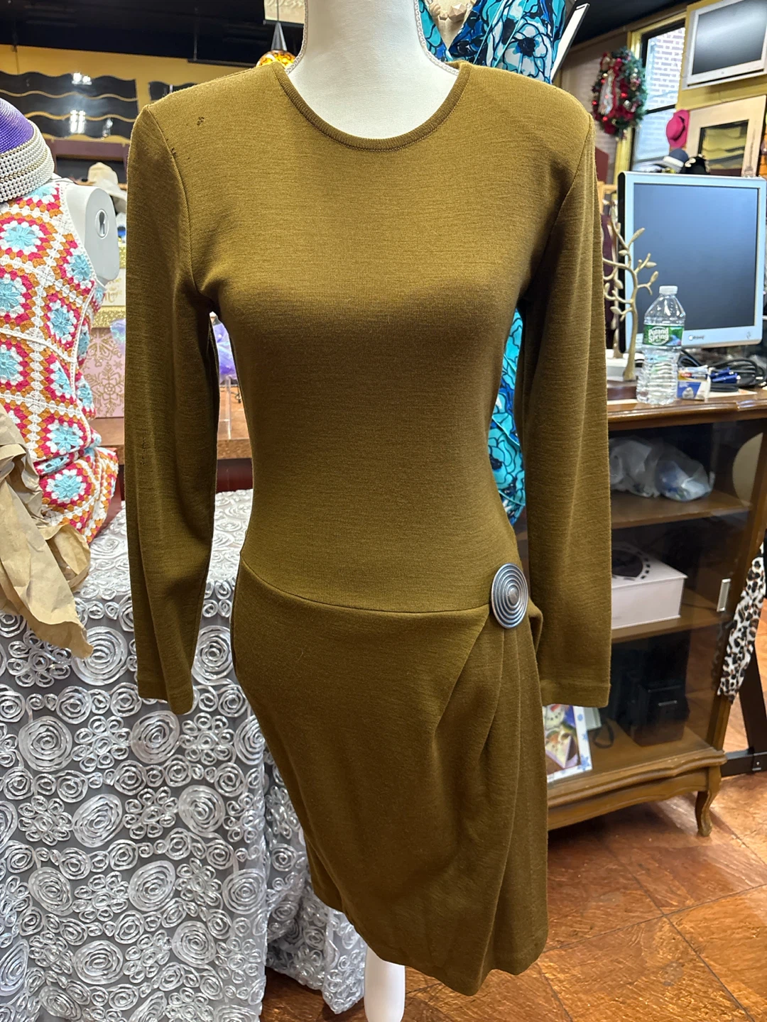 Olive Green Long Sleeve Knit Dress with Silver Detail