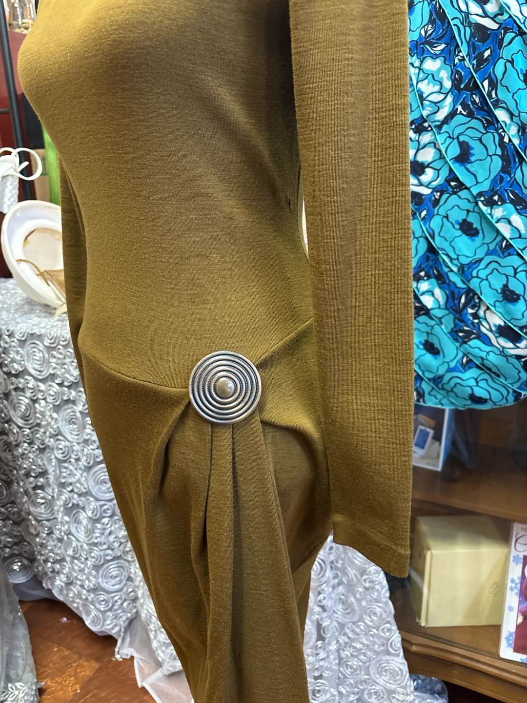 Olive Green Long Sleeve Knit Dress with Silver Detail - photo 2