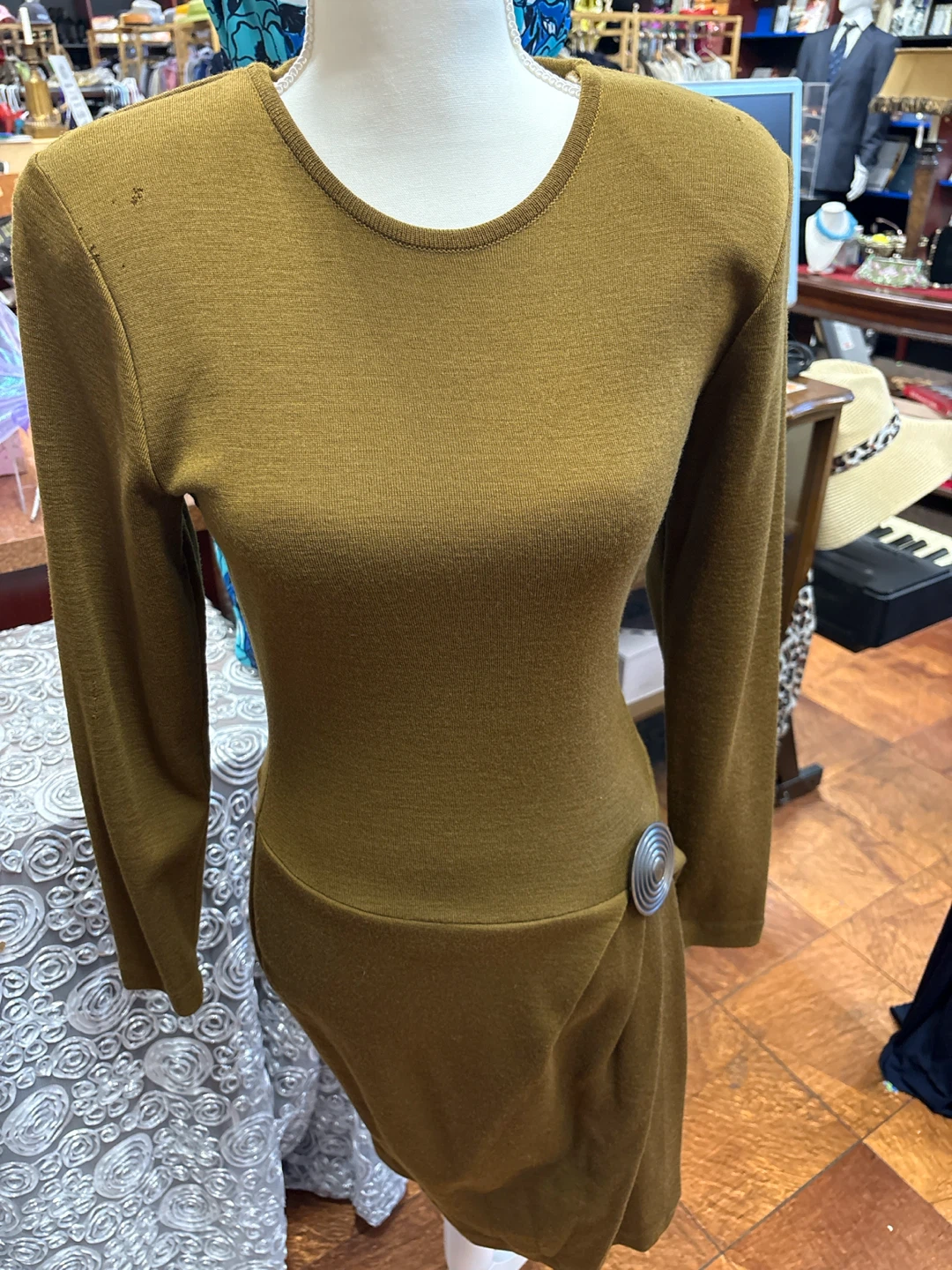 Olive Green Long Sleeve Knit Dress with Silver Detail - photo 3