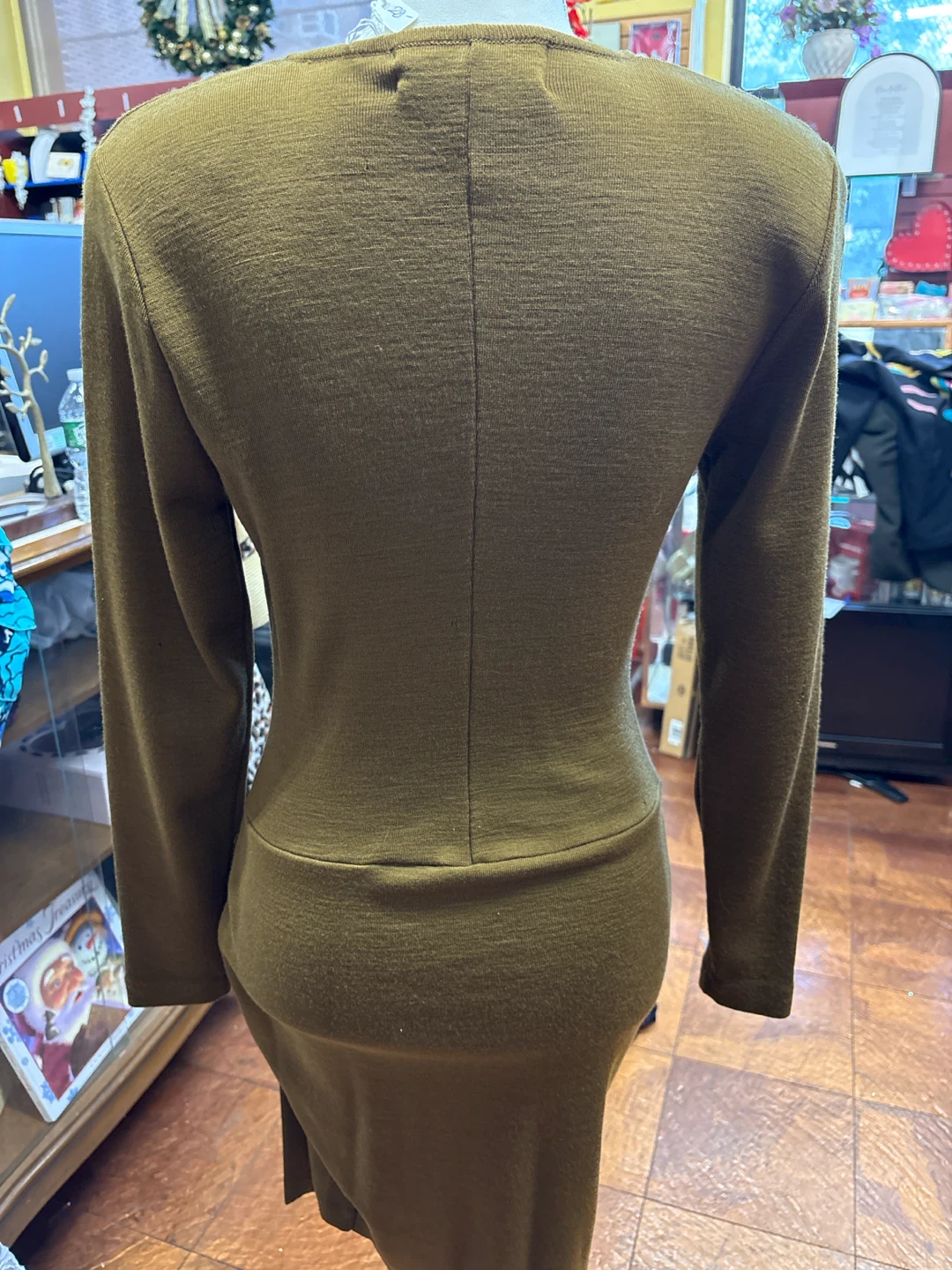 Olive Green Long Sleeve Knit Dress with Silver Detail - photo 4