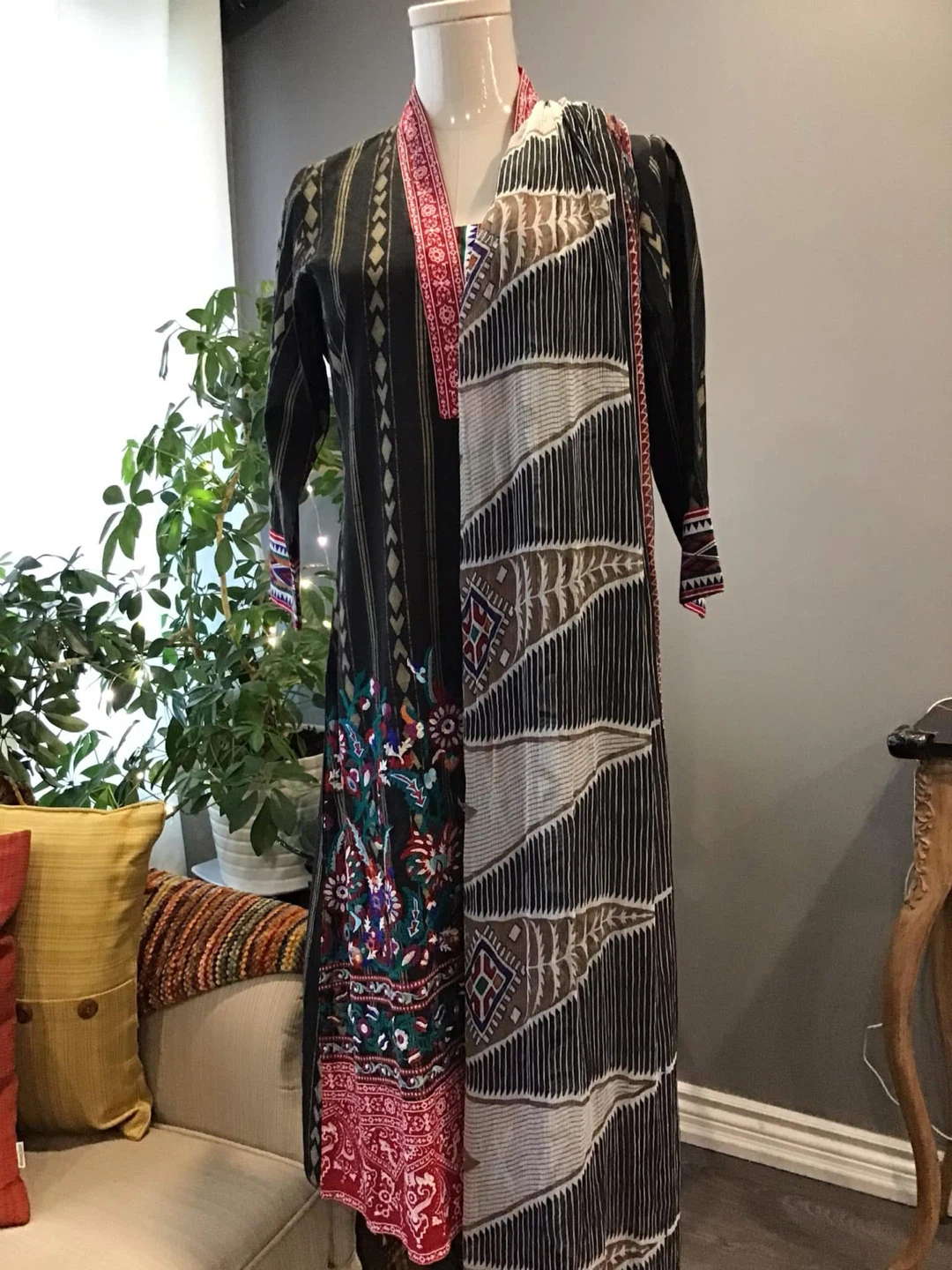 Embroidered Long Dress with Scarf