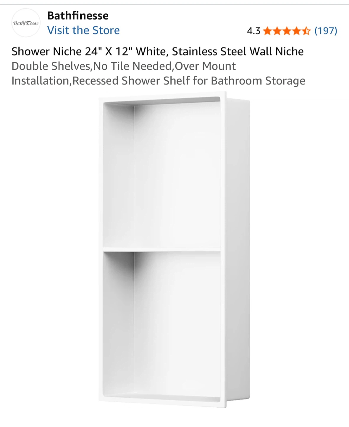 Bathfinesse 24" x 12" White Stainless Steel Shower Niche