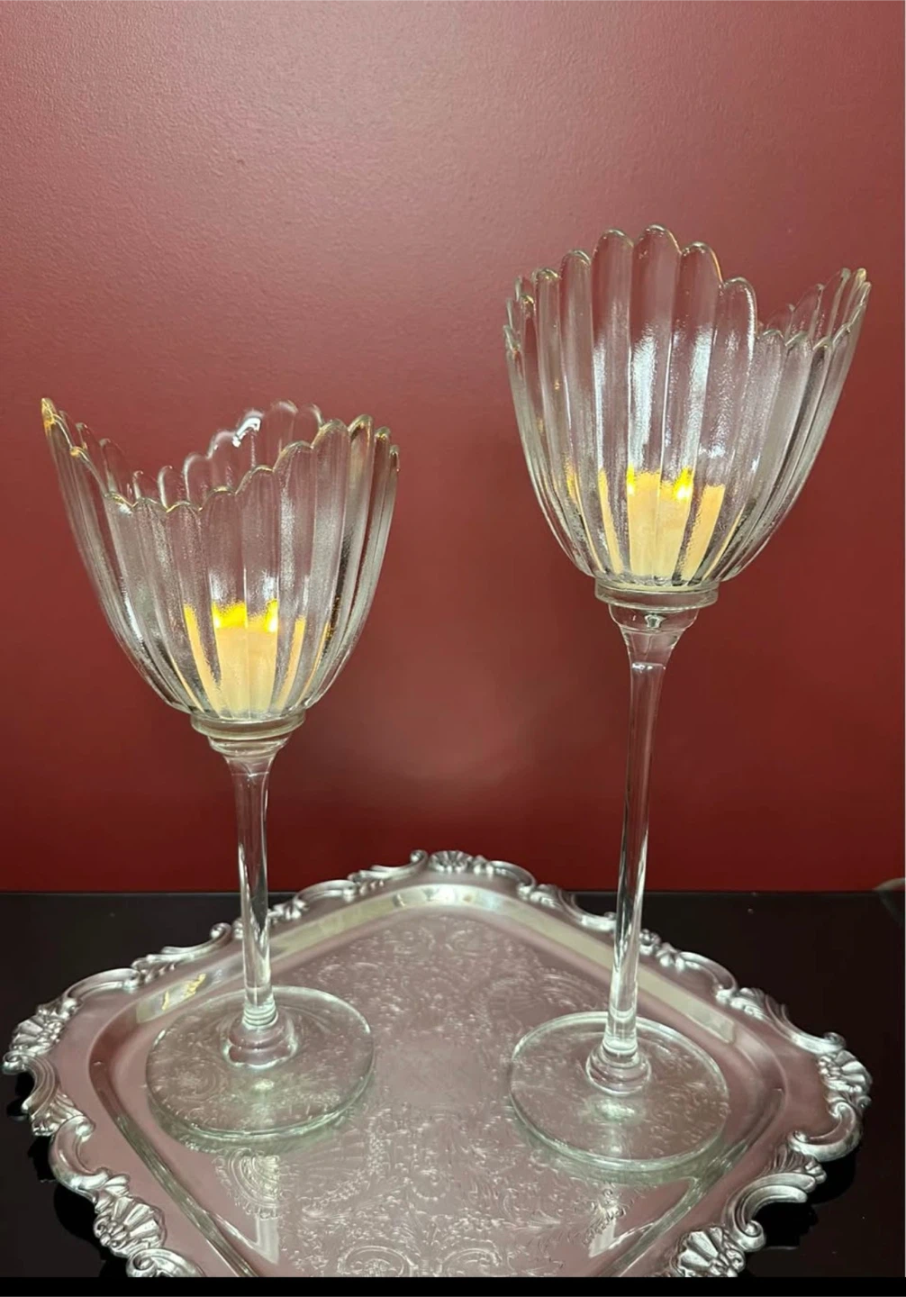 Vintage Tall 16" Ribbed Glass Hurricane Candle Holder Pair - photo 5