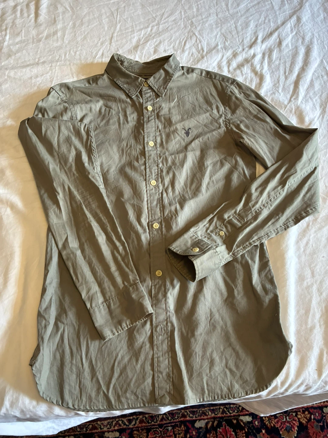 AllSaints Men’s Ramskull Shirt – Sage Grey / Olive – Size XS