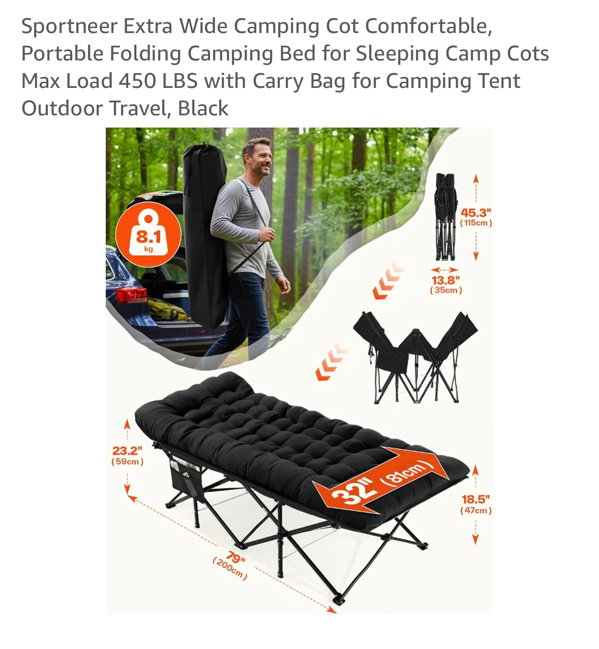 Sportneer Extra Wide Folding Camping Cot with Mattress - photo 5