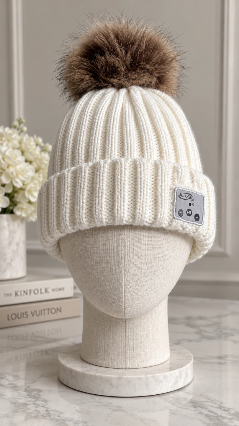 White Knit Beanie with Bluetooth Speaker