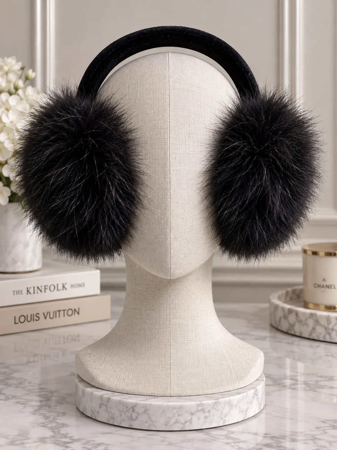 Black Faux Fur Pom Pom Hair Tie