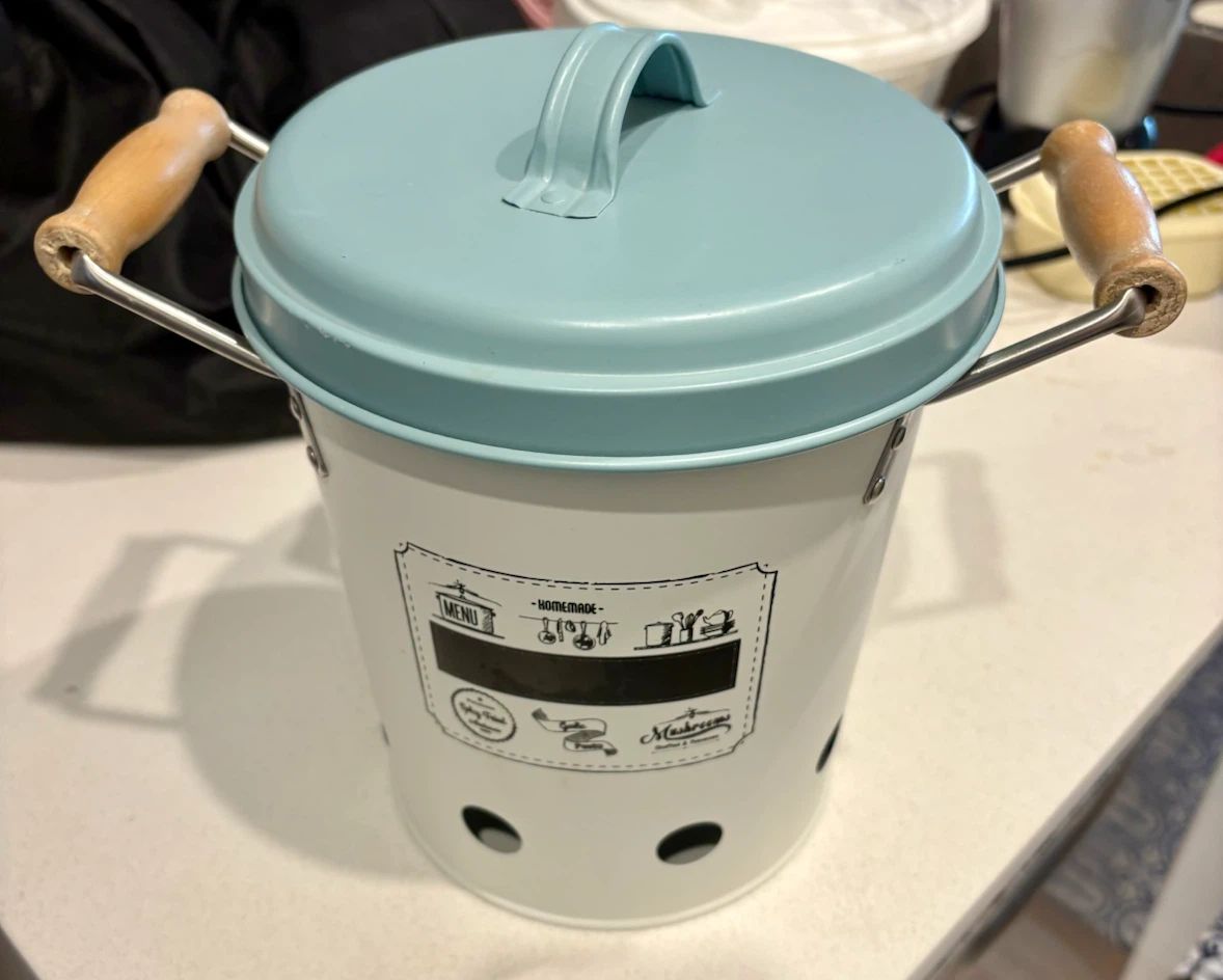 White and Blue Storage potato Tin with Wooden Handles