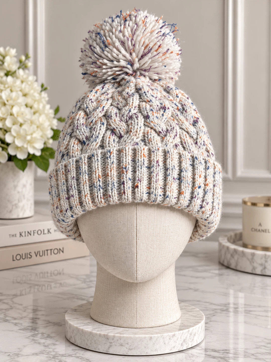 Speckled Knit Beanie with Pom Pom