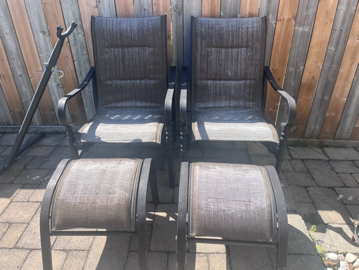 Two Outdoor Patio Chairs with Footstools