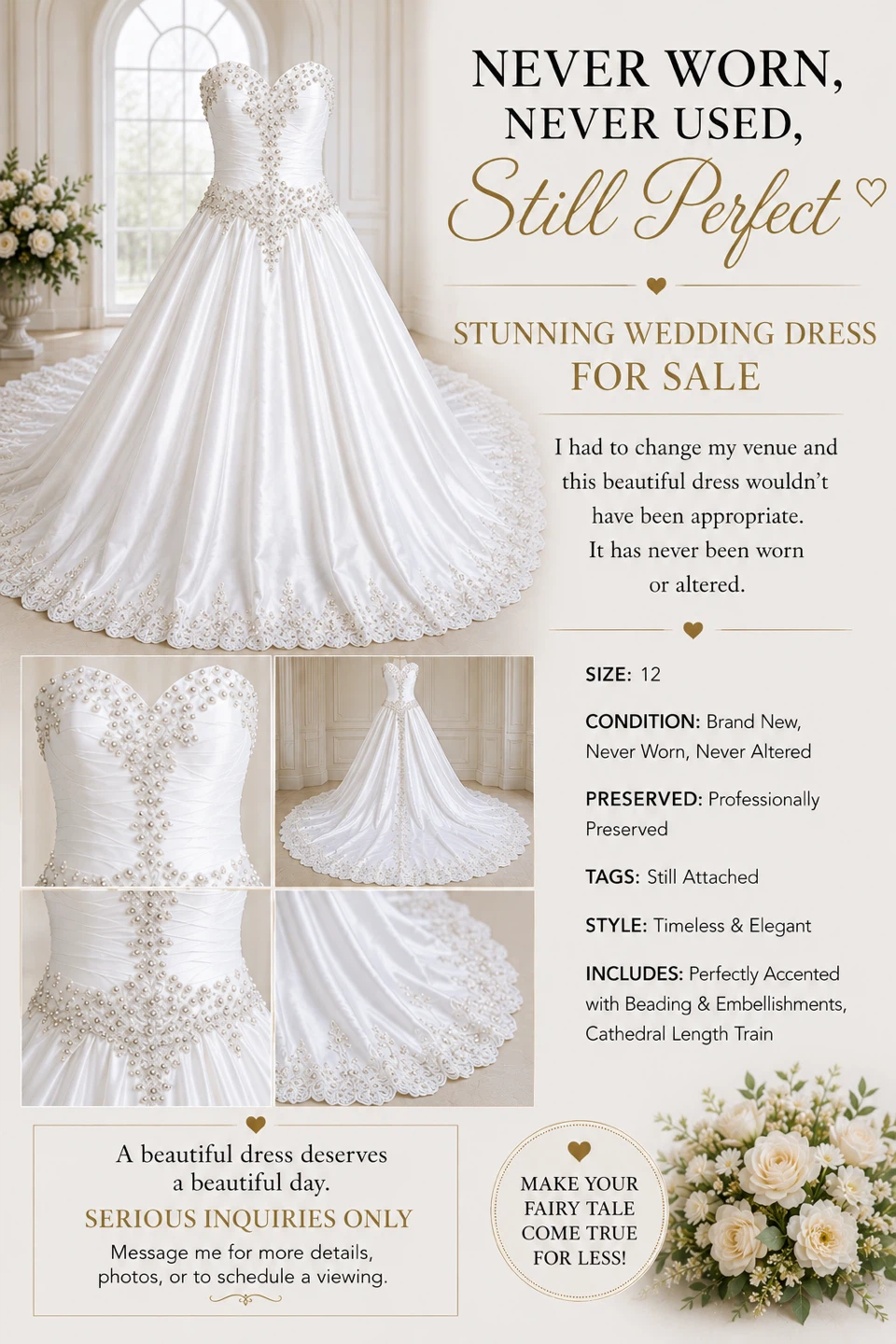 New Wedding Dress with Cathedral Train Size 12