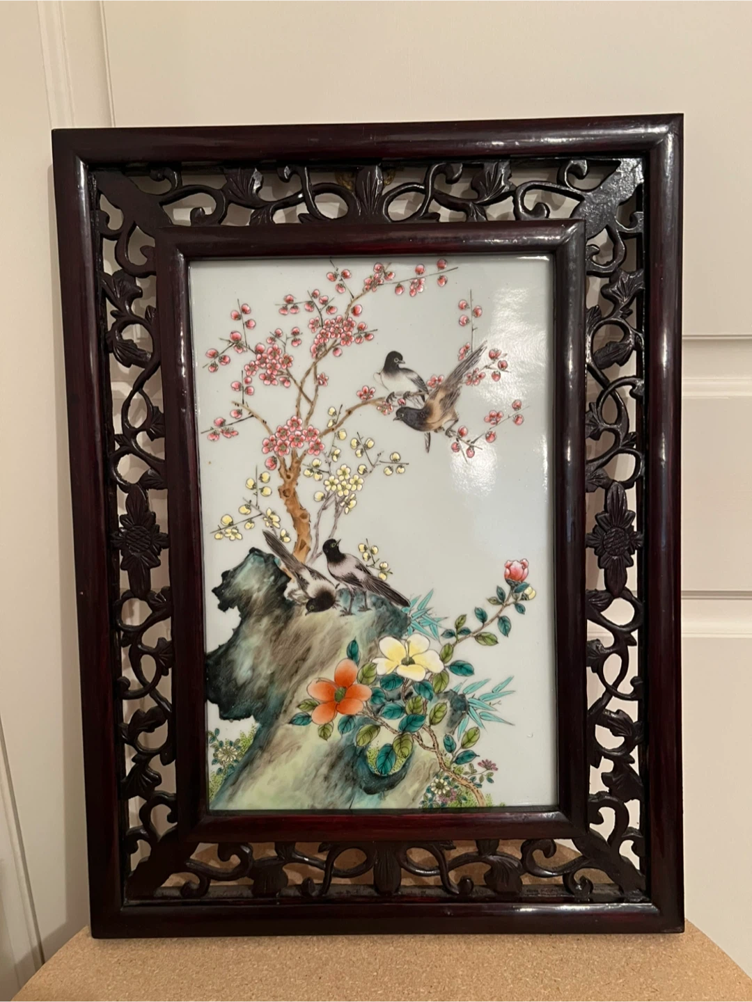 Ornate Wooden Framed Porcelain Bird and Flower Plaque