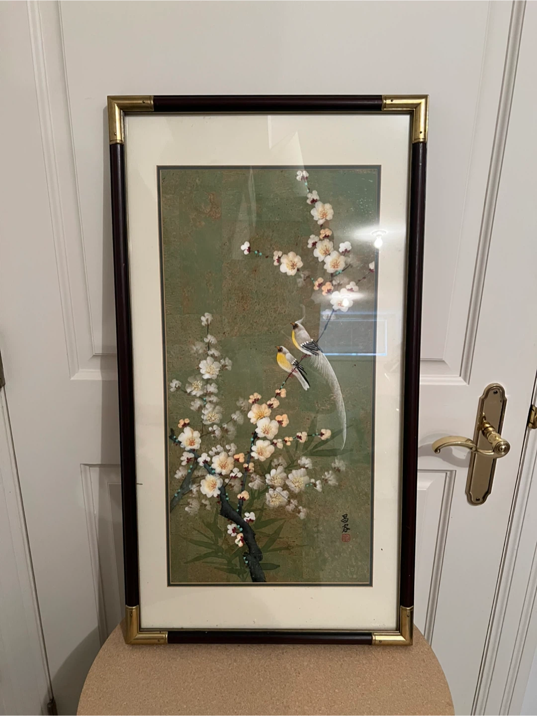 Framed water painting with signed artist. Birds and Blossoms