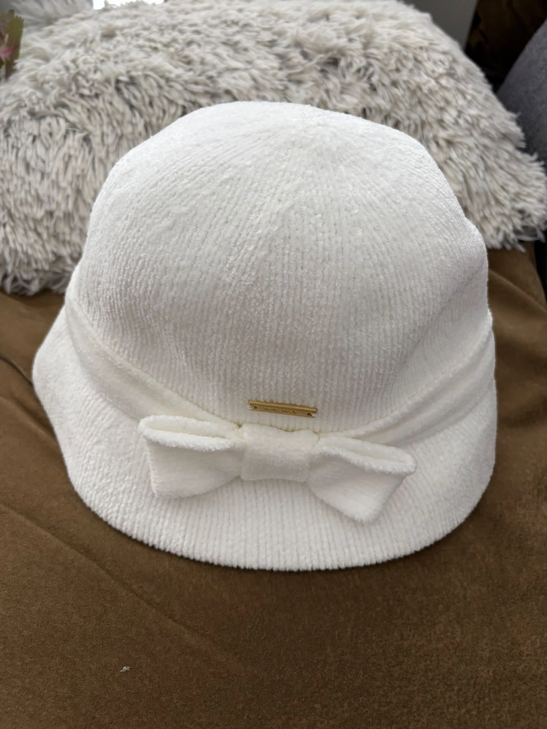 White Chenille Bucket Hat with Bow Detail - photo 2