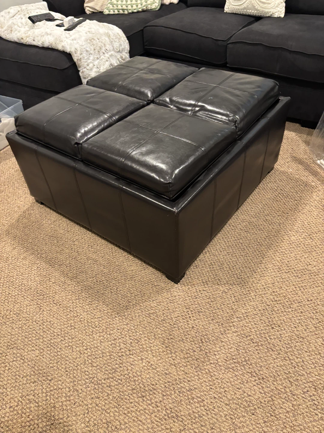 Black Leather Storage Ottoman with Reversible Trays