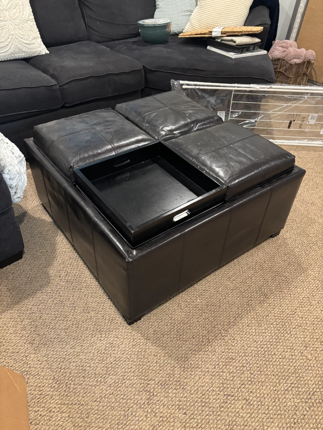 Black Leather Storage Ottoman with Reversible Trays - photo 2