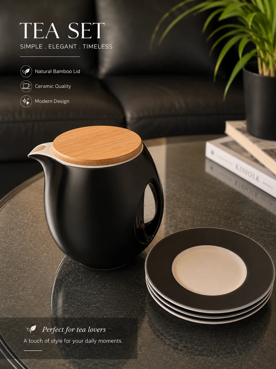 Black Ceramic Teapot with Bamboo Lid With a saucer