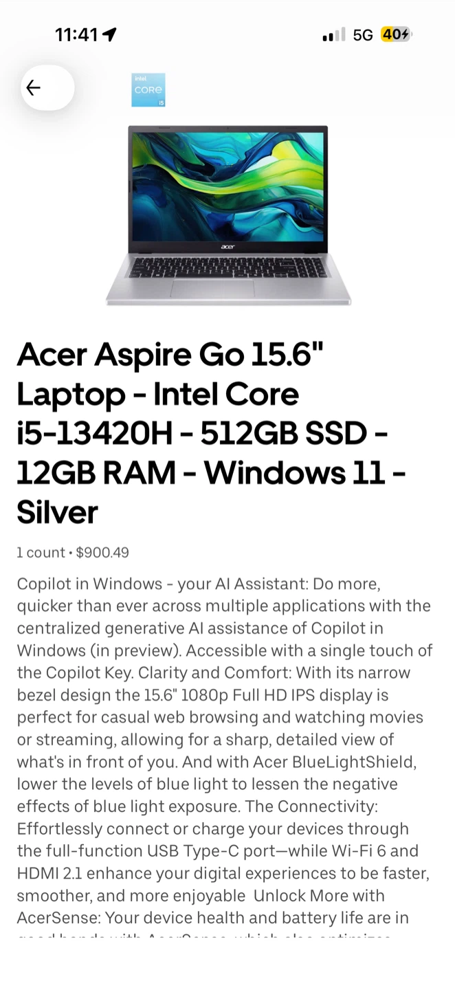 Acer Aspire Go 15.6 Laptop Intel Core i5 512GB SSD