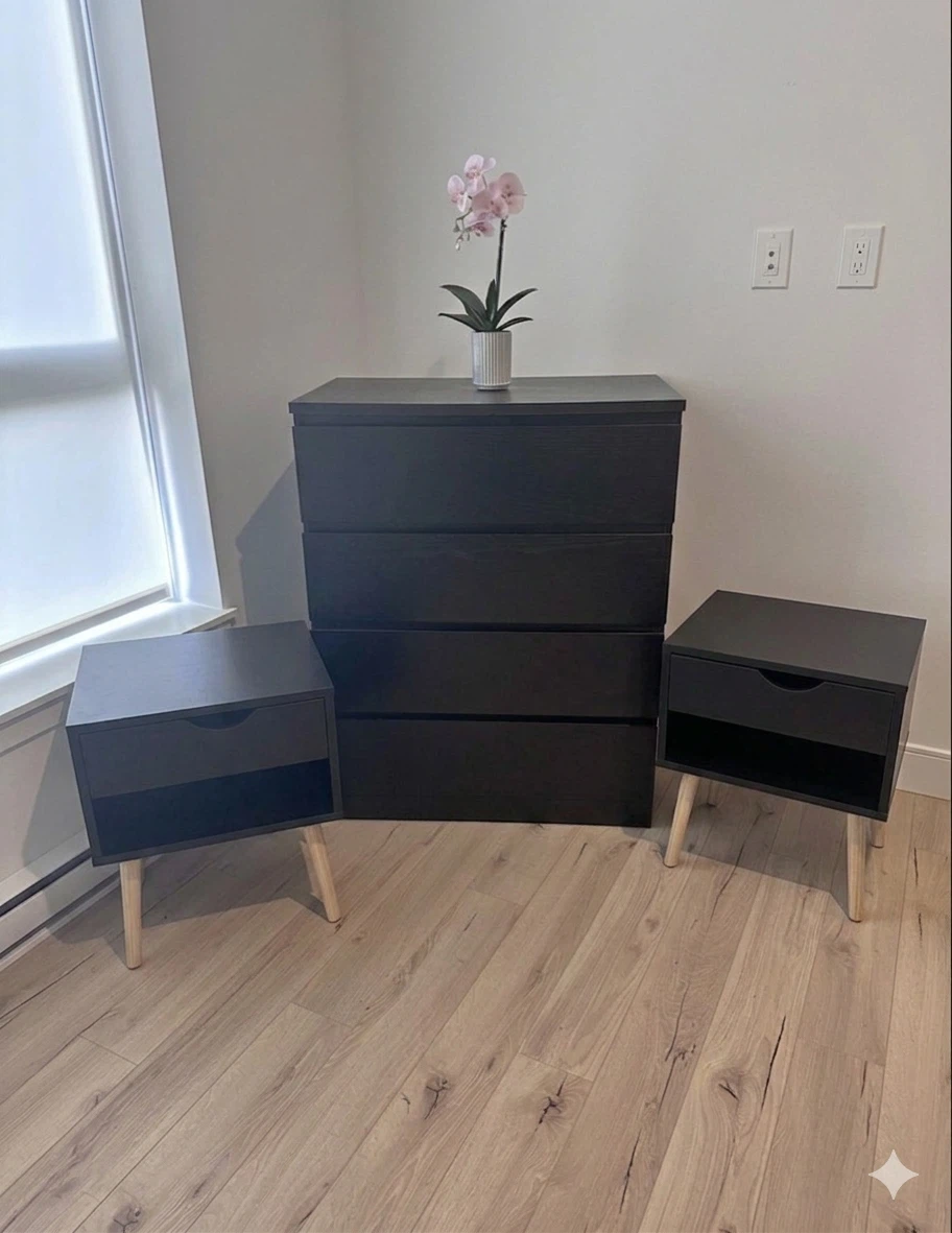 Black IKEA MALM Dresser and Two Nightstands Set