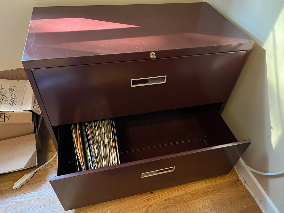 Two drawer metal filing cabinet/credenza burgundy