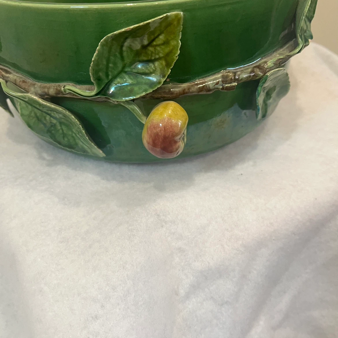Green Ceramic Bowl with Apple and Leaf Design