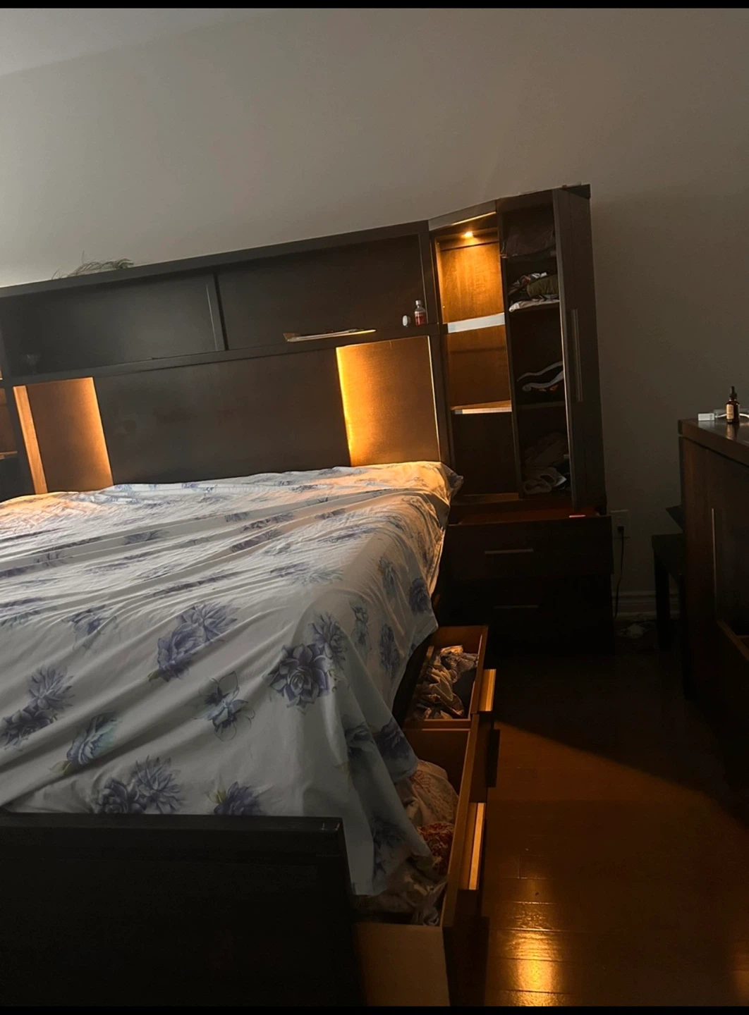 Dark Wood King Bed Frame with Headboard Storage
