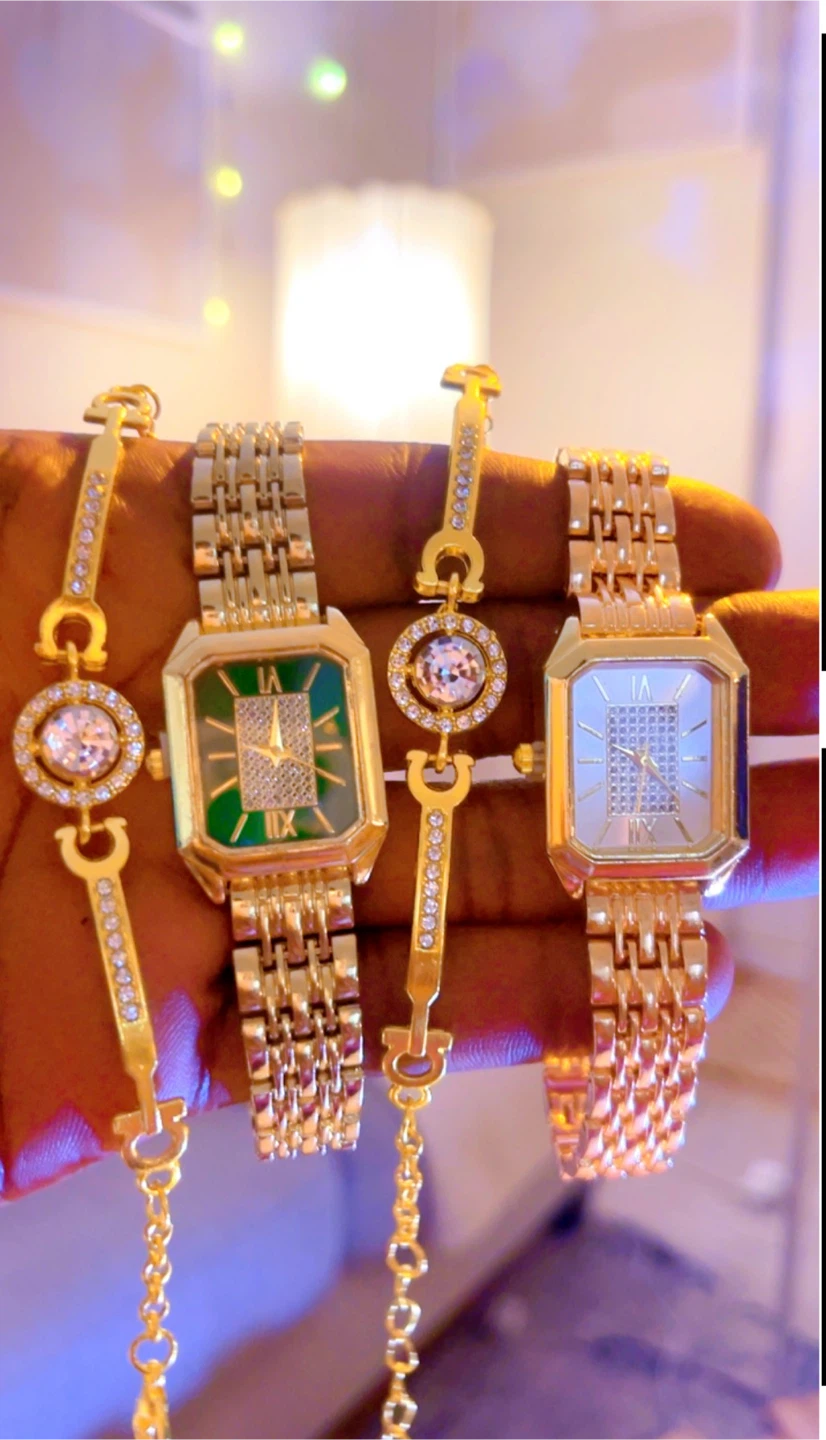 Gold Tone Watch and Bracelet Set