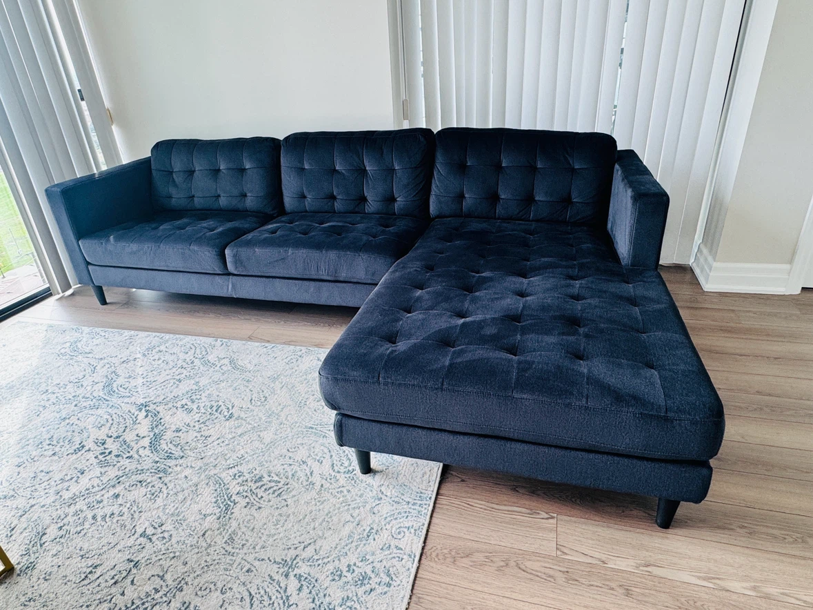 Navy Blue Velvet Tufted Sectional Sofa - photo 2