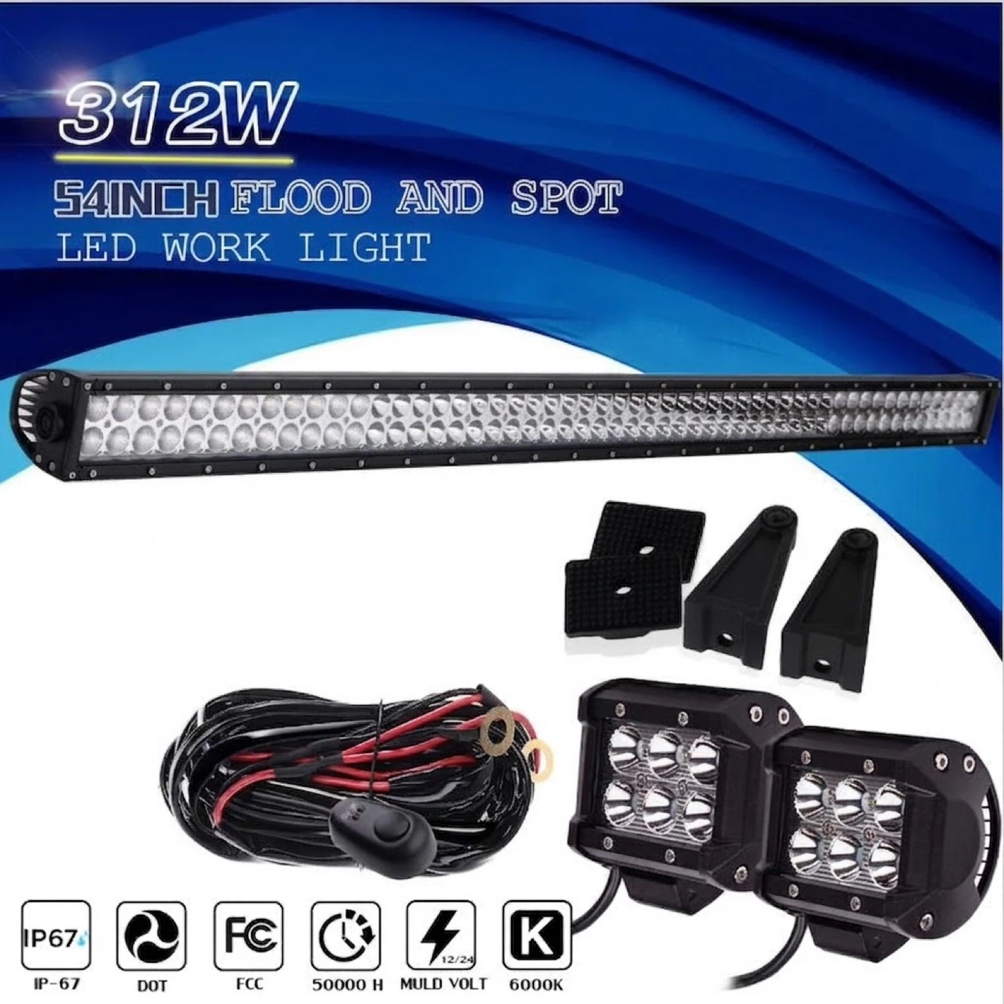 Straight 312W 54Inch LED Light Bar 2x4Inch White/Amber Strobe