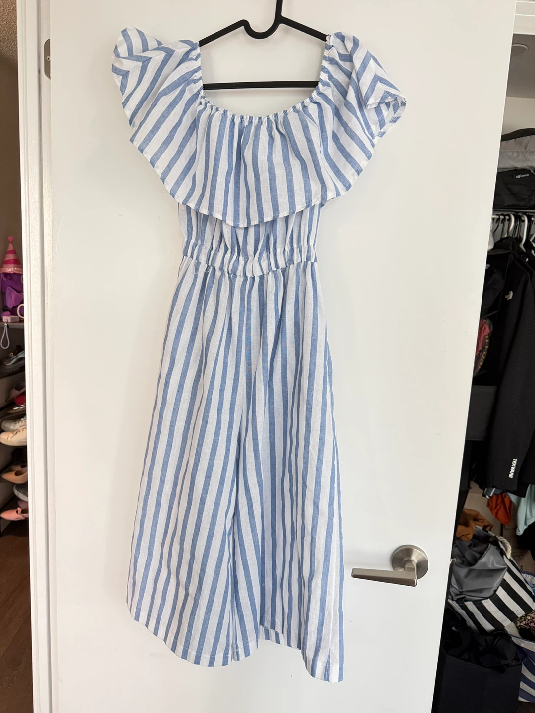 Blue and white striped off-the-shoulder jumpsuit