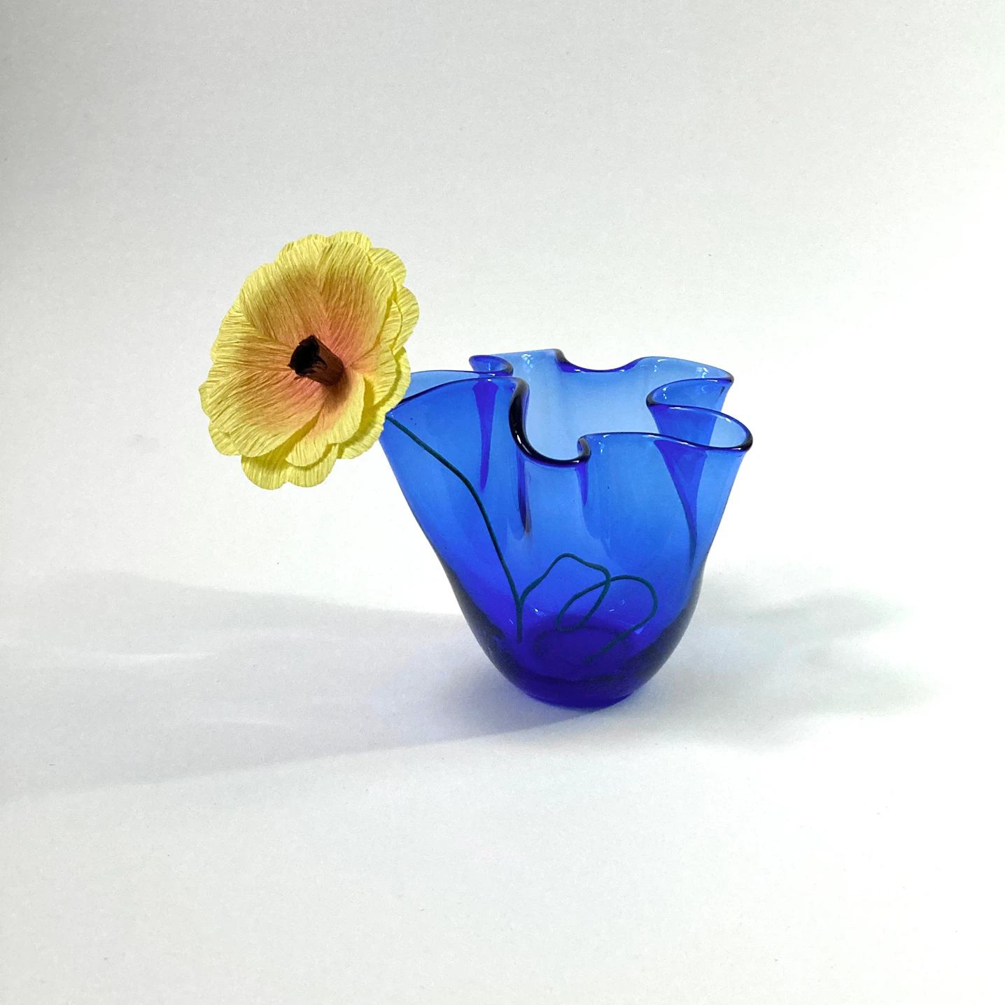 Small Vintage Hand Blown Blue Glass Handkerchief Vase