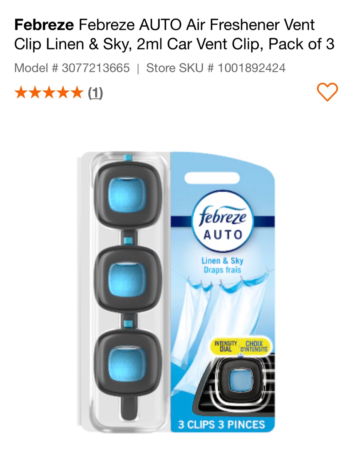 Febreze AUTO Air Freshener Vent Clips, Linen & Sky, 3 Pack