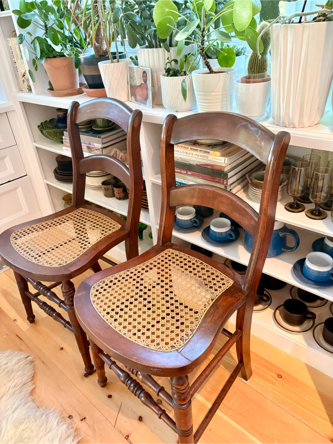 Set of Two Vintage Wooden  and cane Chairs